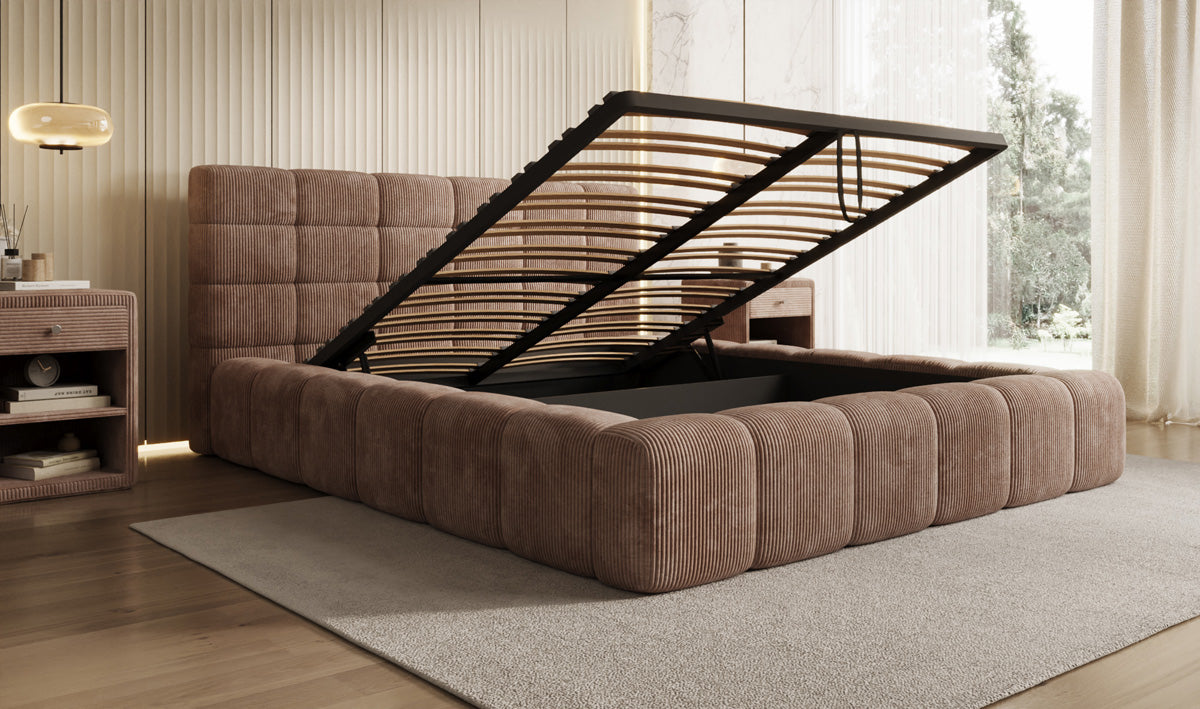 Designer gestoffeerd bed Marshmallow in Ribstof met opbergruimte