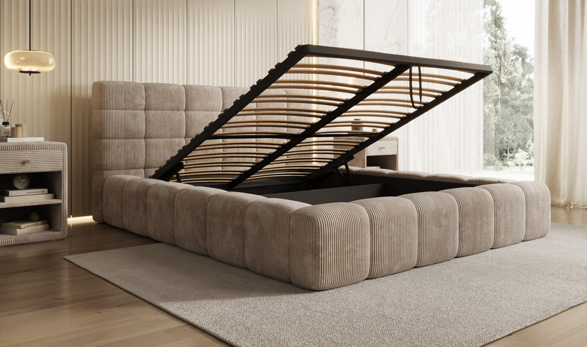Designer gestoffeerd bed Marshmallow in Ribstof met opbergruimte