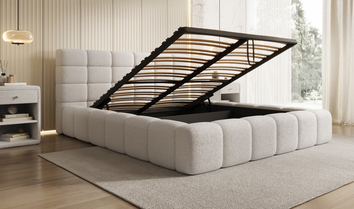 Designer gestoffeerd bed Marshmallow in Teddystof Bouclé met opbergruimte