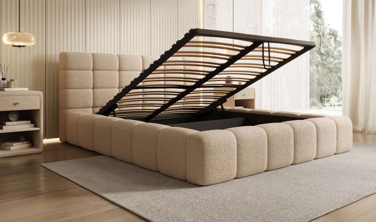 Designer gestoffeerd bed Marshmallow in Teddystof Bouclé met opbergruimte