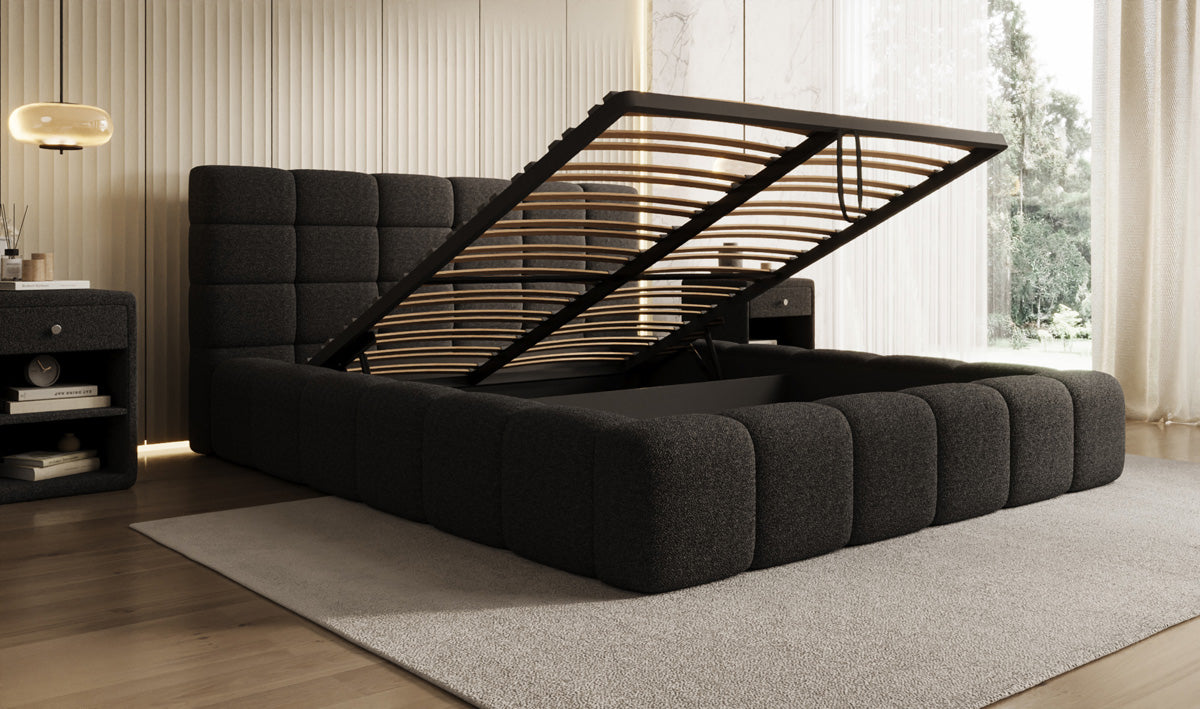 Designer gestoffeerd bed Marshmallow in Teddystof Bouclé met opbergruimte