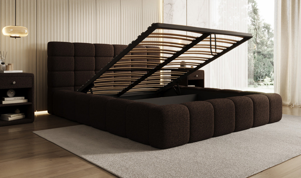 Designer gestoffeerd bed Marshmallow in Teddystof Bouclé met opbergruimte