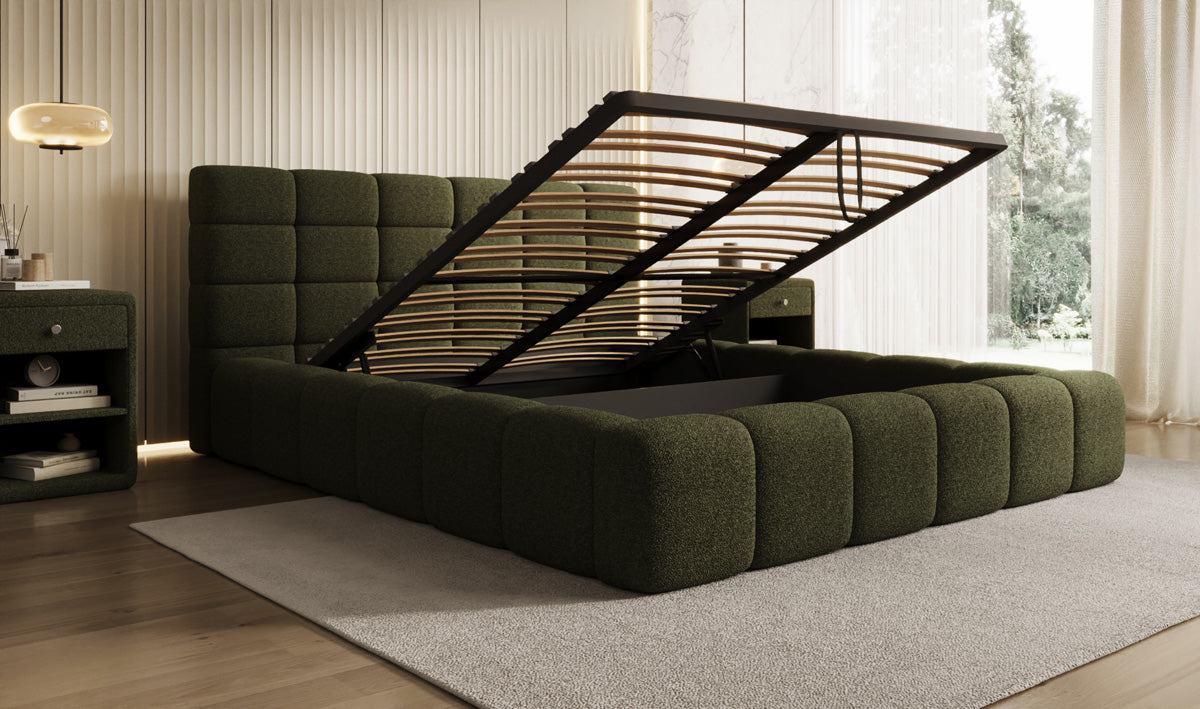 Designer gestoffeerd bed Marshmallow in Teddystof Bouclé met opbergruimte