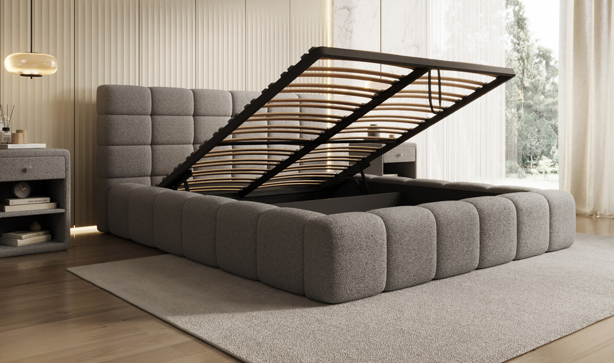 Designer gestoffeerd bed Marshmallow in Teddystof Bouclé met opbergruimte