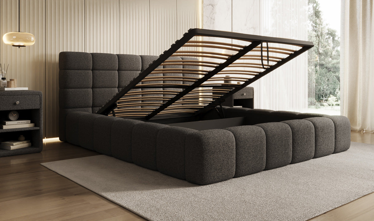 Designer gestoffeerd bed Marshmallow in Teddystof Bouclé met opbergruimte