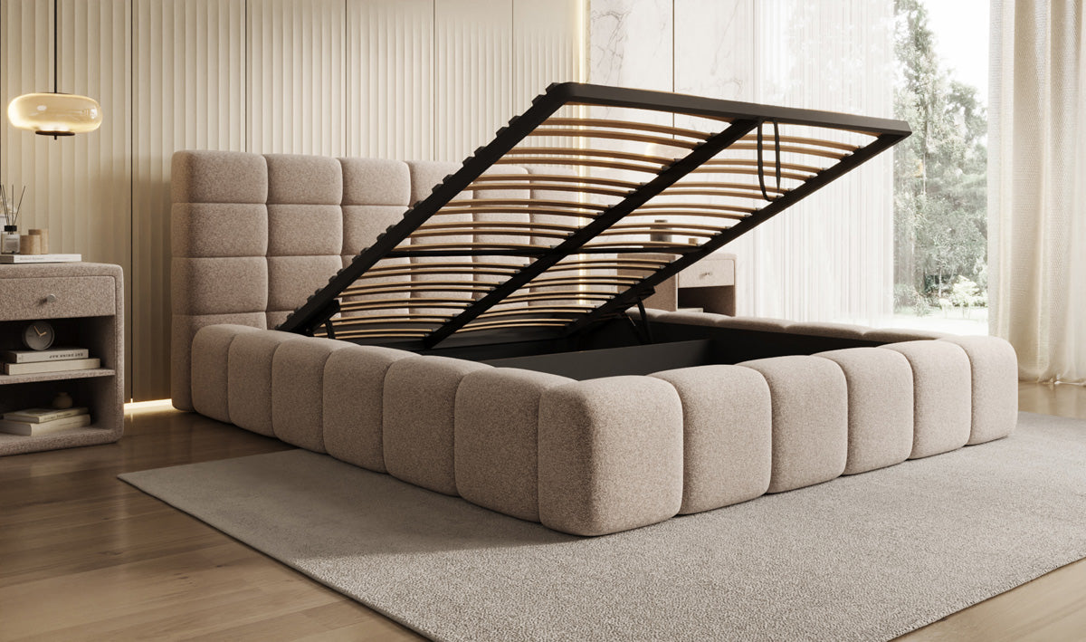 Designer gestoffeerd bed Marshmallow in structuurstof met opbergruimte