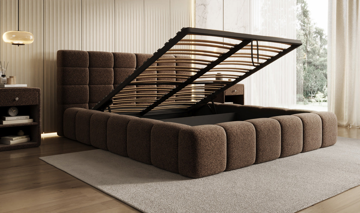 Designer gestoffeerd bed Marshmallow in structuurstof met opbergruimte