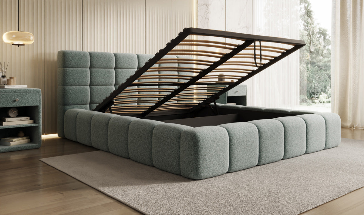 Designer gestoffeerd bed Marshmallow in structuurstof met opbergruimte