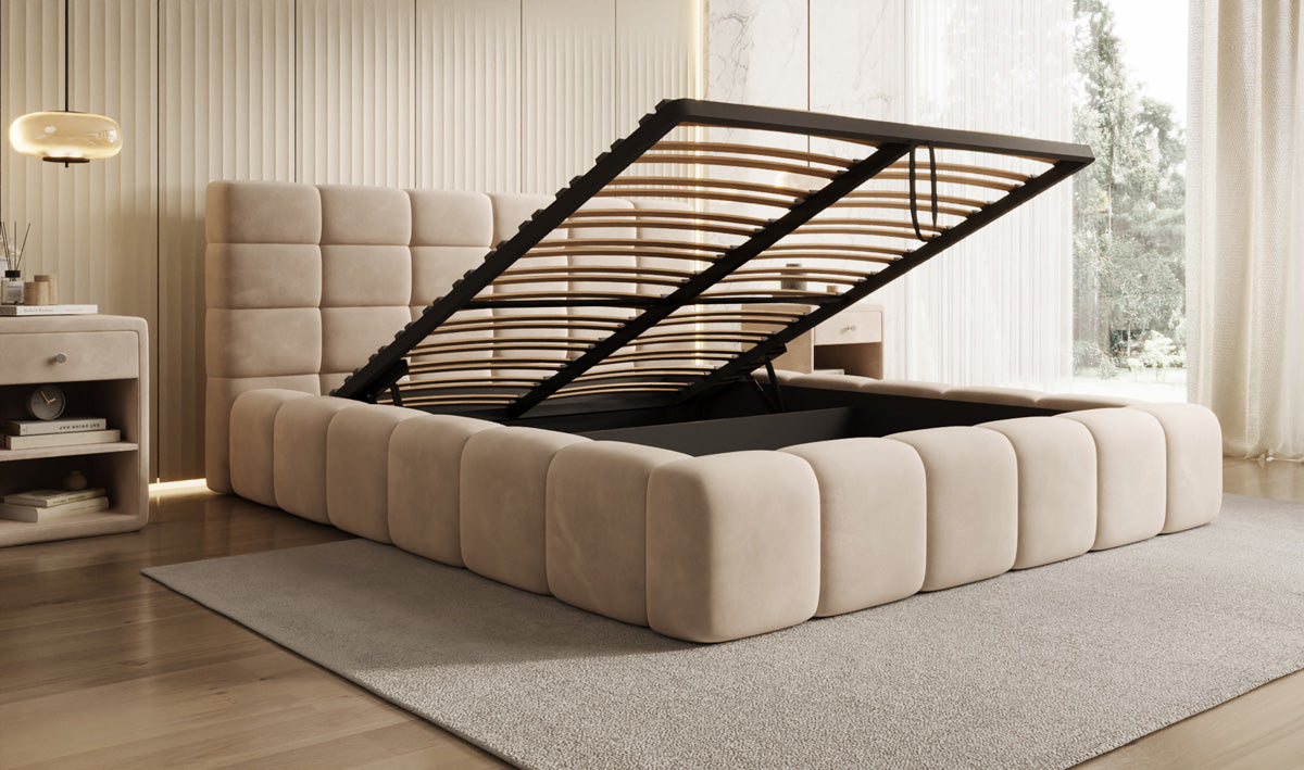 Designer gestoffeerd bed Marshmallow in Fluweel met opbergruimte