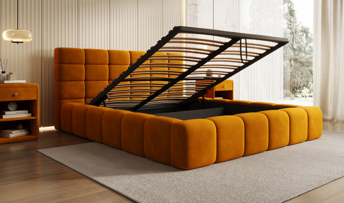 Designer gestoffeerd bed Marshmallow in Fluweel met opbergruimte