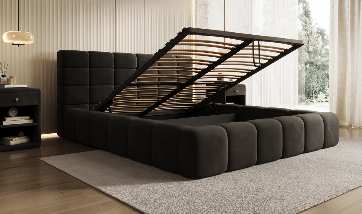 Designer gestoffeerd bed Marshmallow in Fluweel met opbergruimte