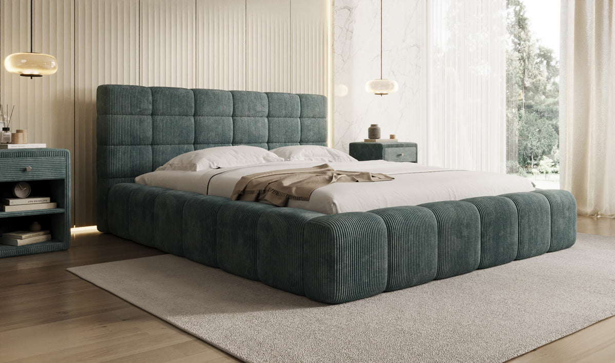 Designer gestoffeerd bed Marshmallow in Ribstof met opbergruimte