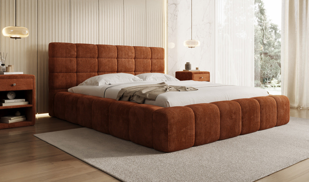 Designer gestoffeerd bed Marshmallow in Ribstof met opbergruimte