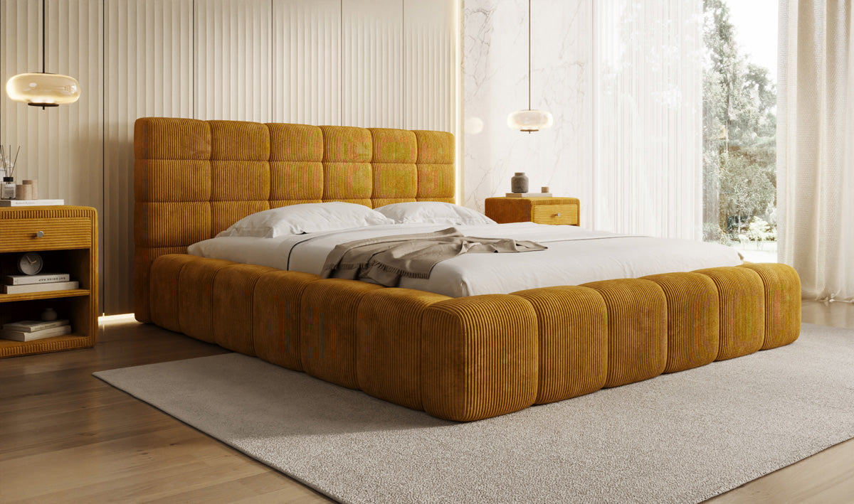 Designer gestoffeerd bed Marshmallow in Ribstof met opbergruimte