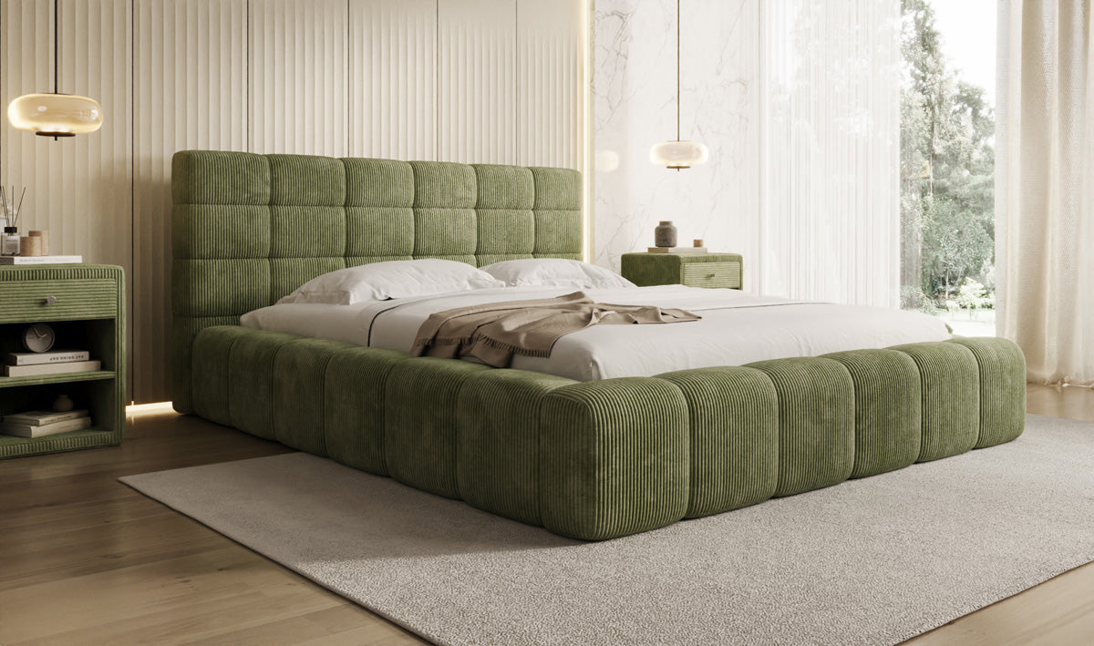 Designer gestoffeerd bed Marshmallow in Ribstof met opbergruimte