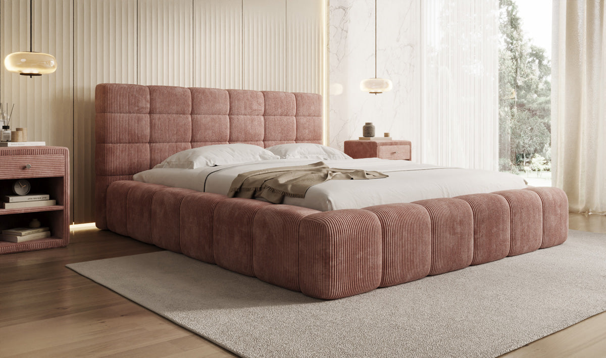 Designer gestoffeerd bed Marshmallow in Ribstof met opbergruimte