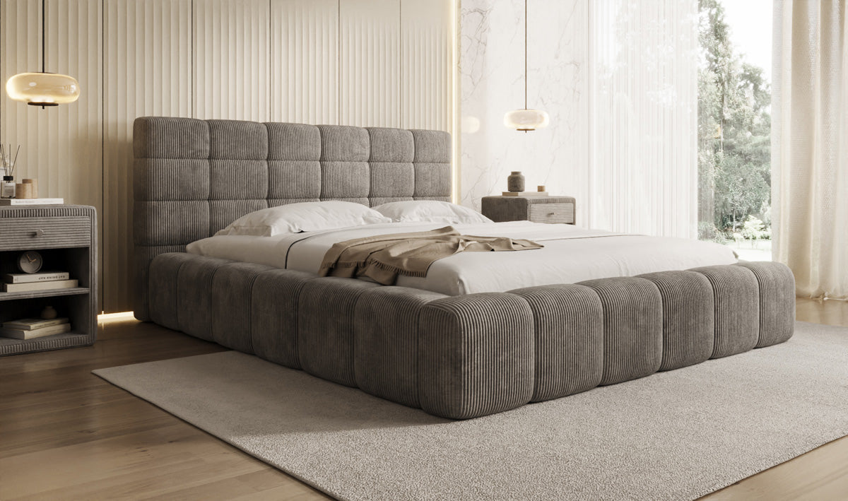 Designer gestoffeerd bed Marshmallow in Ribstof met opbergruimte
