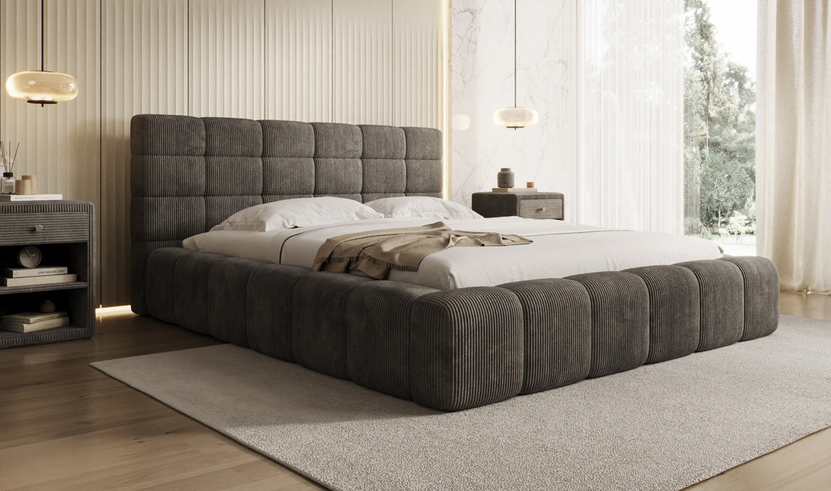 Designer gestoffeerd bed Marshmallow in Ribstof met opbergruimte