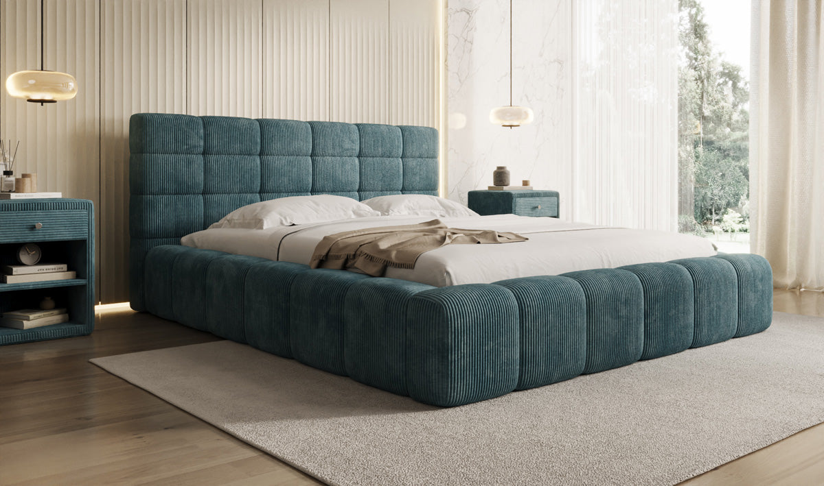 Designer gestoffeerd bed Marshmallow in Ribstof met opbergruimte