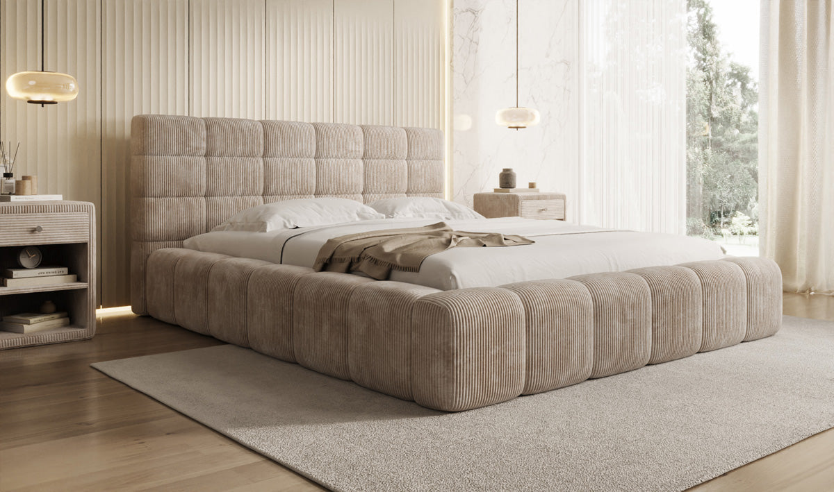 Designer gestoffeerd bed Marshmallow in Ribstof met opbergruimte