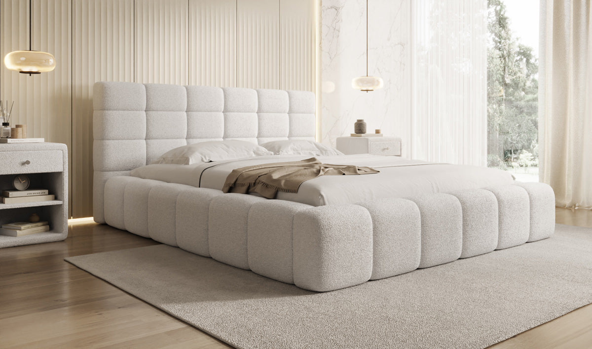 Designer gestoffeerd bed Marshmallow in Teddystof Bouclé met opbergruimte