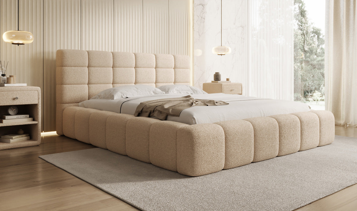 Designer gestoffeerd bed Marshmallow in Teddystof Bouclé met opbergruimte