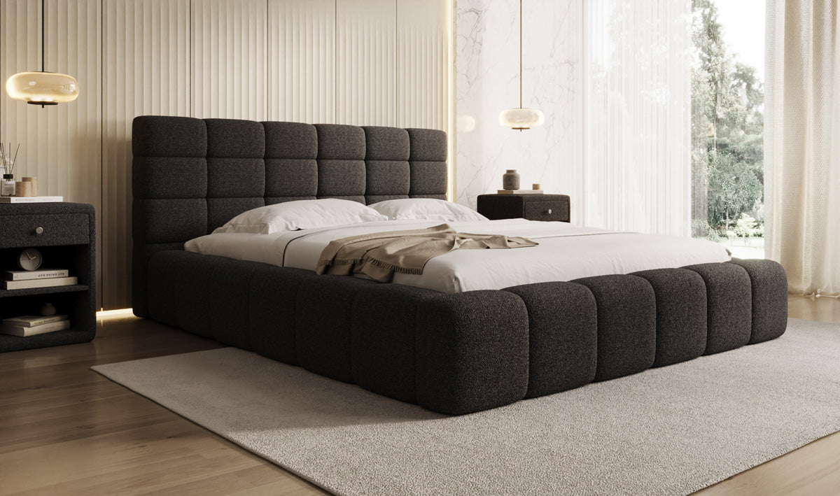 Designer gestoffeerd bed Marshmallow in Teddystof Bouclé met opbergruimte