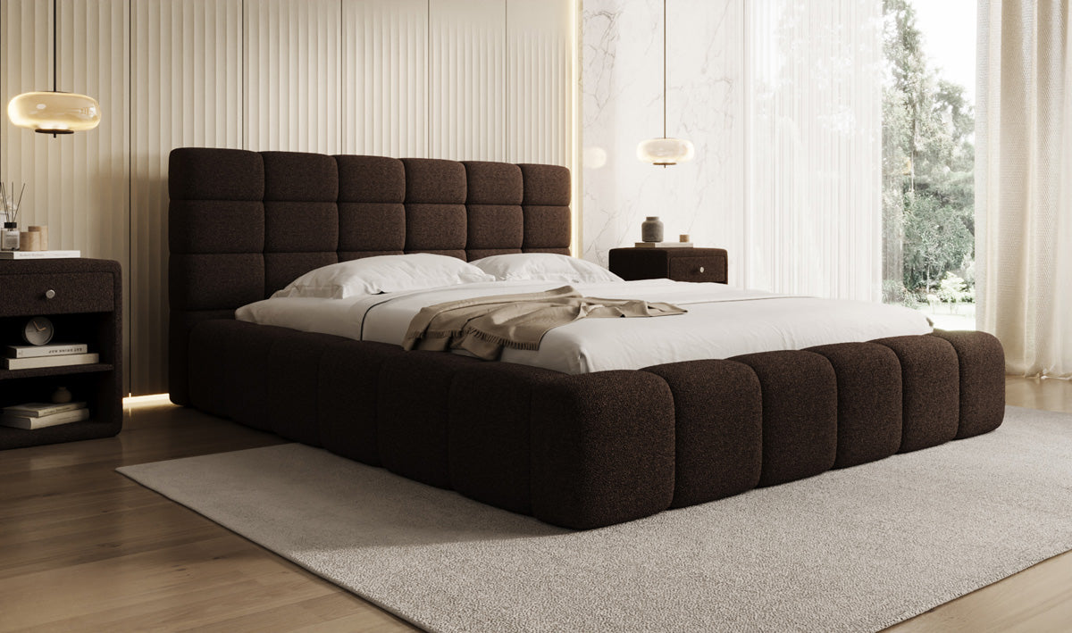 Designer gestoffeerd bed Marshmallow in Teddystof Bouclé met opbergruimte