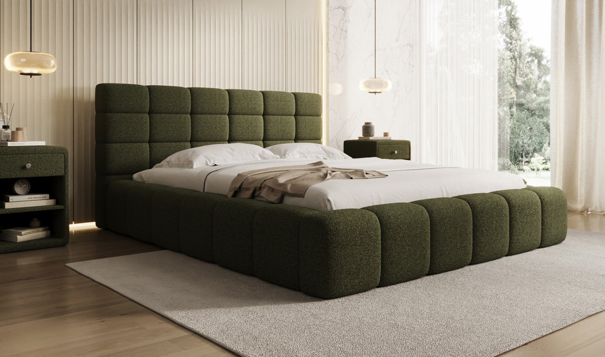 Designer gestoffeerd bed Marshmallow in Teddystof Bouclé met opbergruimte
