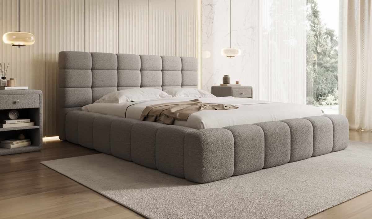 Designer gestoffeerd bed Marshmallow in Teddystof Bouclé met opbergruimte