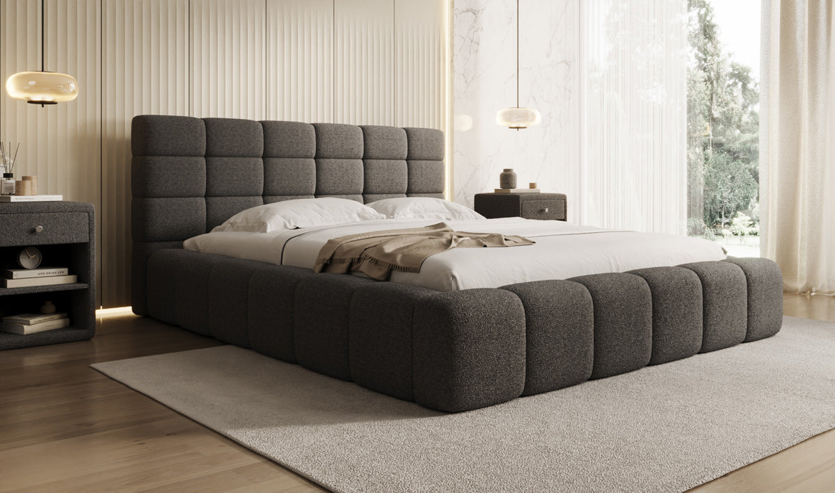 Designer gestoffeerd bed Marshmallow in Teddystof Bouclé met opbergruimte