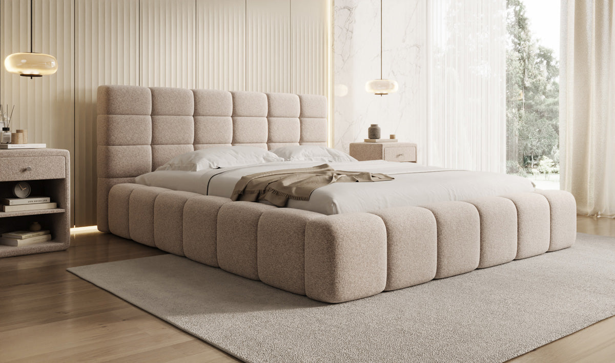 Designer gestoffeerd bed Marshmallow in structuurstof met opbergruimte