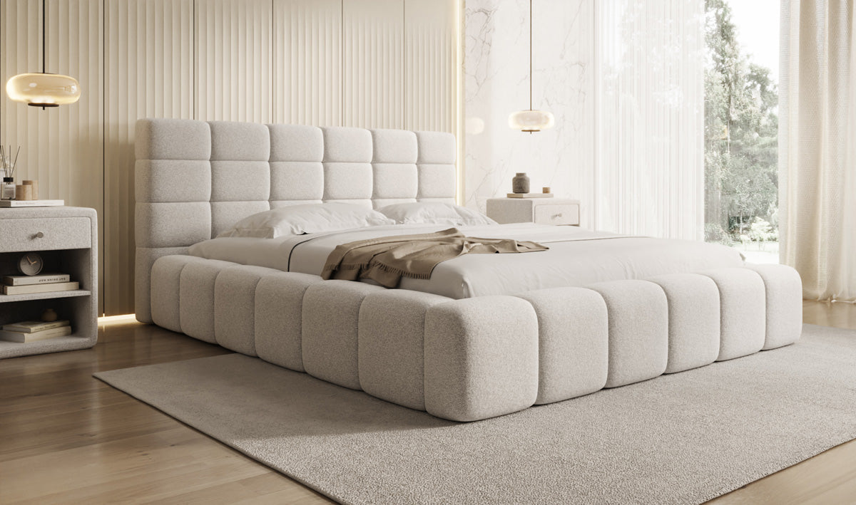 Designer gestoffeerd bed Marshmallow in structuurstof met opbergruimte