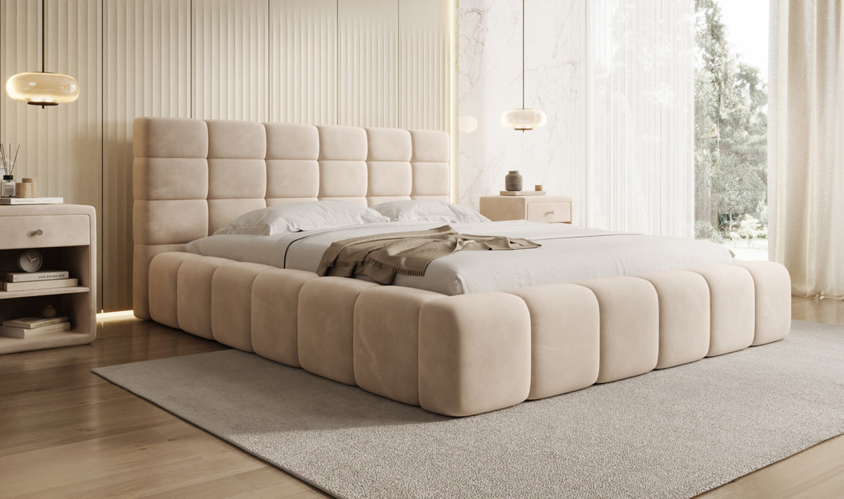 Designer gestoffeerd bed Marshmallow in Fluweel met opbergruimte