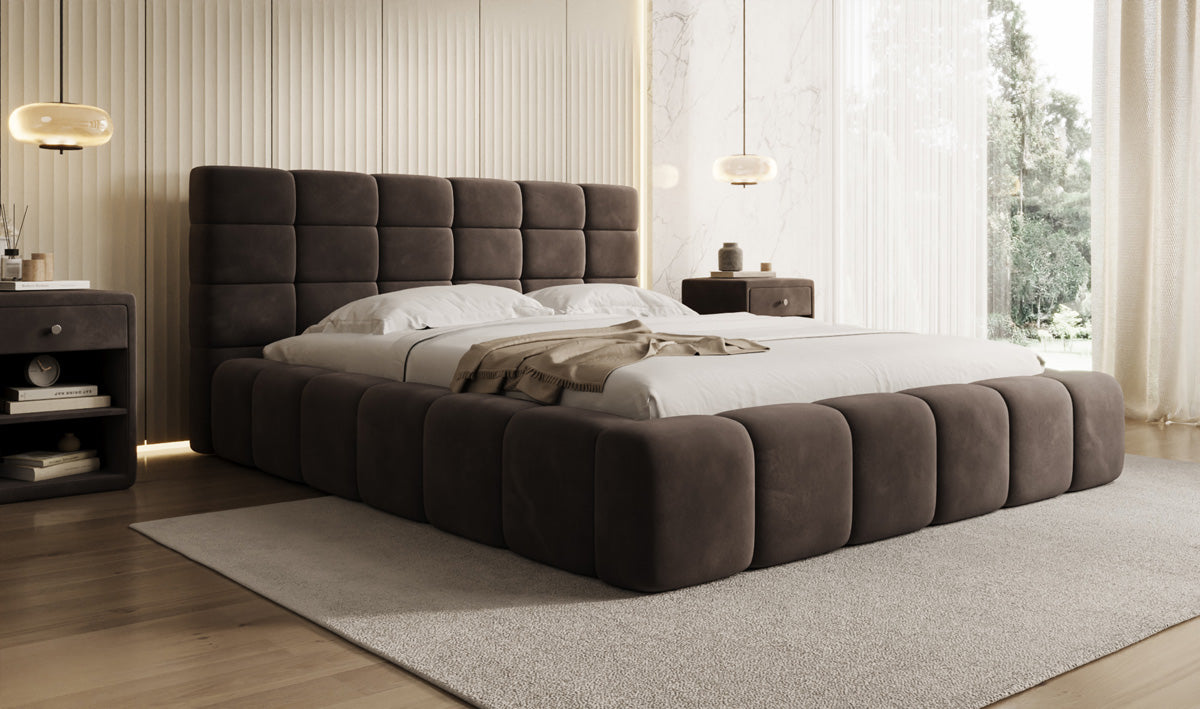 Designer gestoffeerd bed Marshmallow in Fluweel met opbergruimte