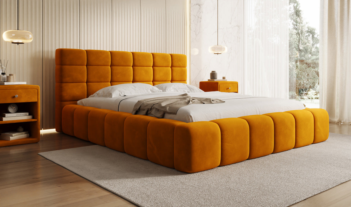 Designer gestoffeerd bed Marshmallow in Fluweel met opbergruimte