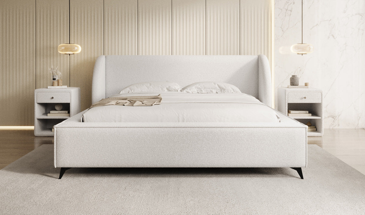 Design gestoffeerd bed Freya in Teddystof Bouclé met opbergruimte