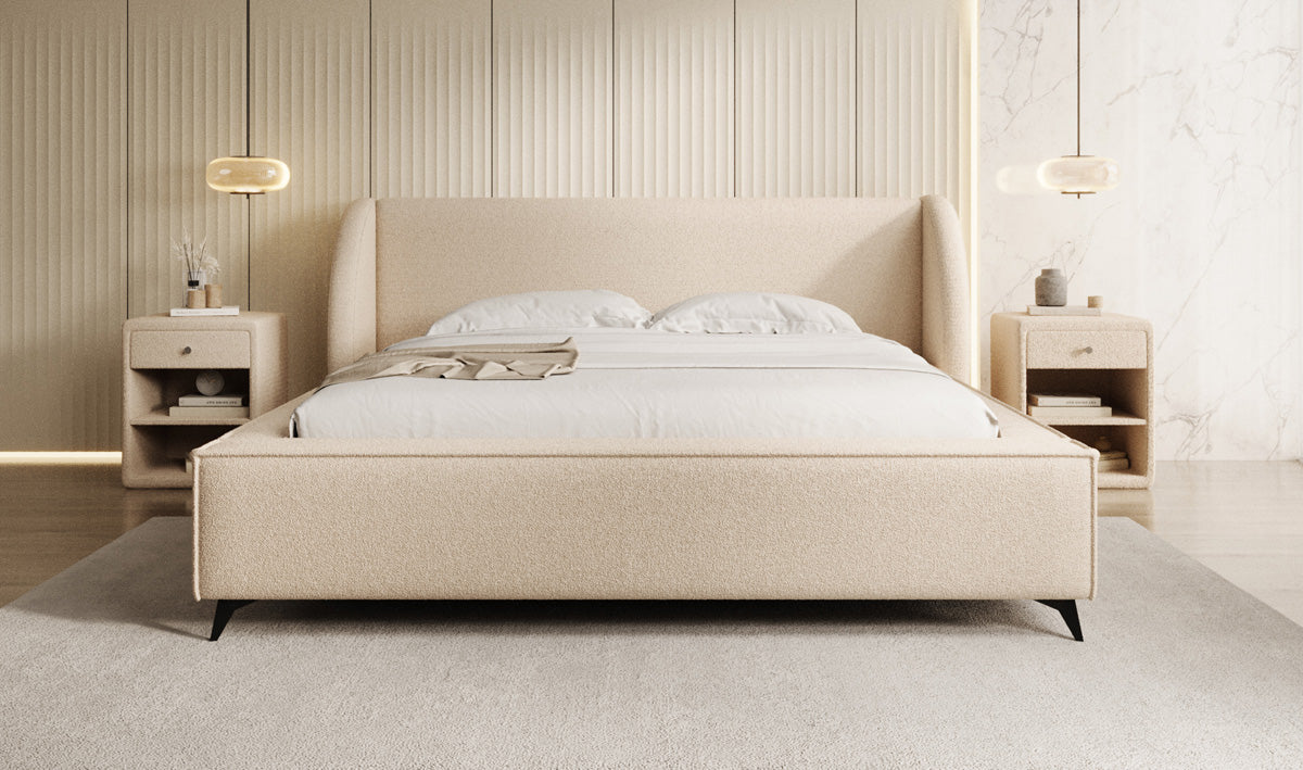 Design gestoffeerd bed Freya in Teddystof Bouclé met opbergruimte