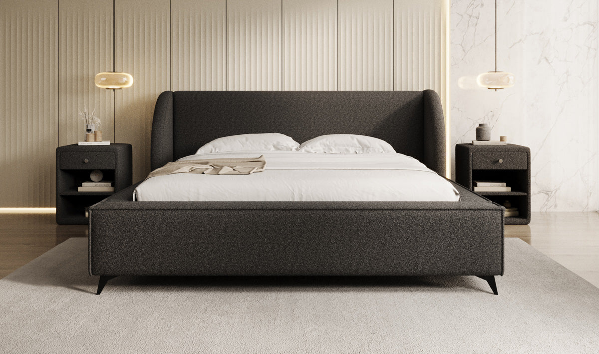 Design gestoffeerd bed Freya in Teddystof Bouclé met opbergruimte