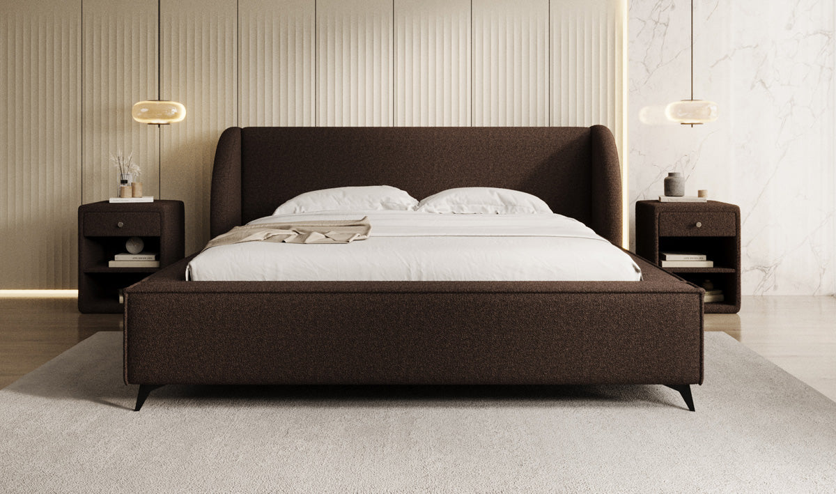 Design gestoffeerd bed Freya in Teddystof Bouclé met opbergruimte