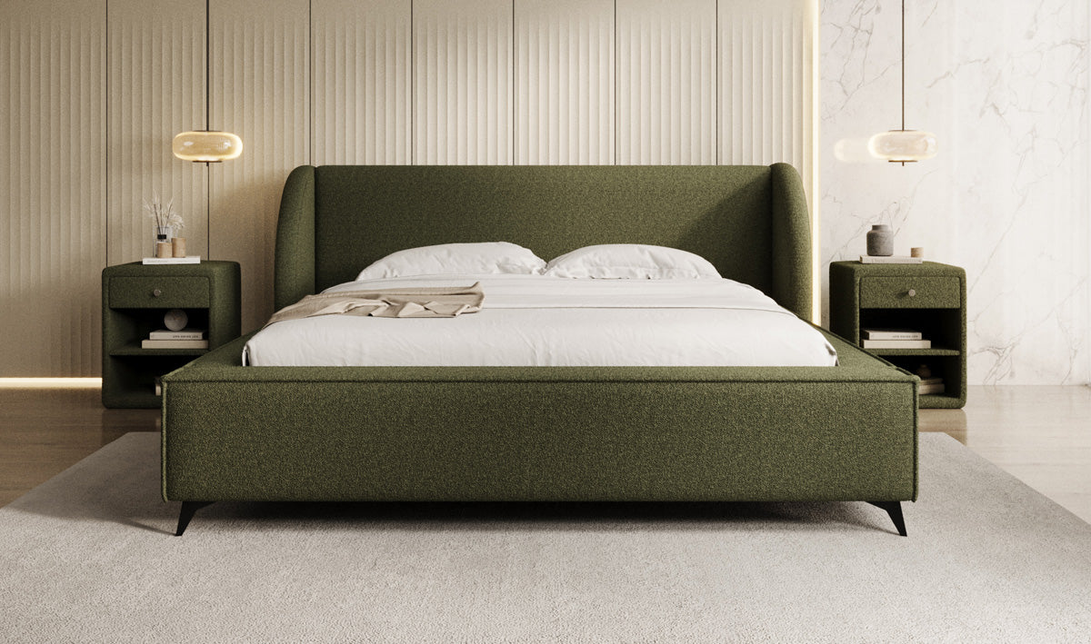 Design gestoffeerd bed Freya in Teddystof Bouclé met opbergruimte