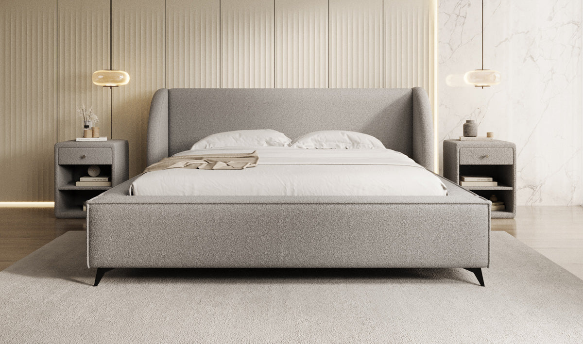 Design gestoffeerd bed Freya in Teddystof Bouclé met opbergruimte