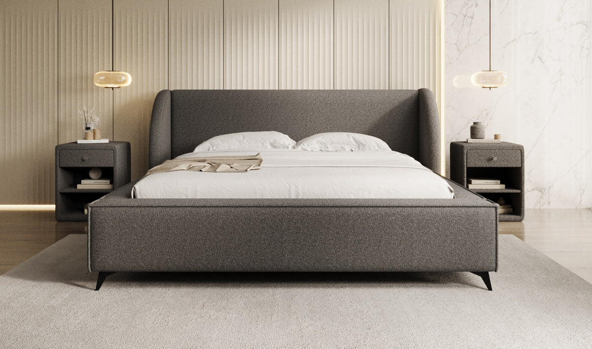 Design gestoffeerd bed Freya in Teddystof Bouclé met opbergruimte