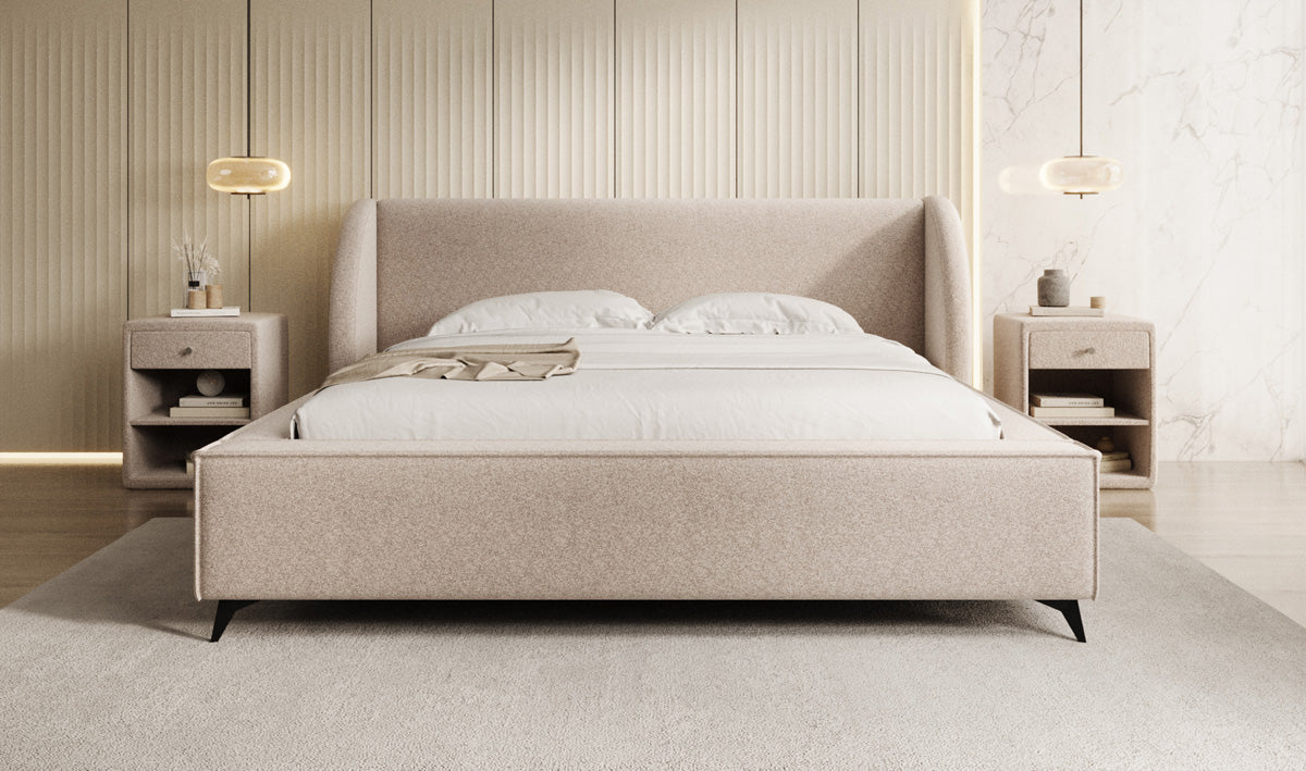 Designer gestoffeerd bed Freya in structuurstof met opbergruimte