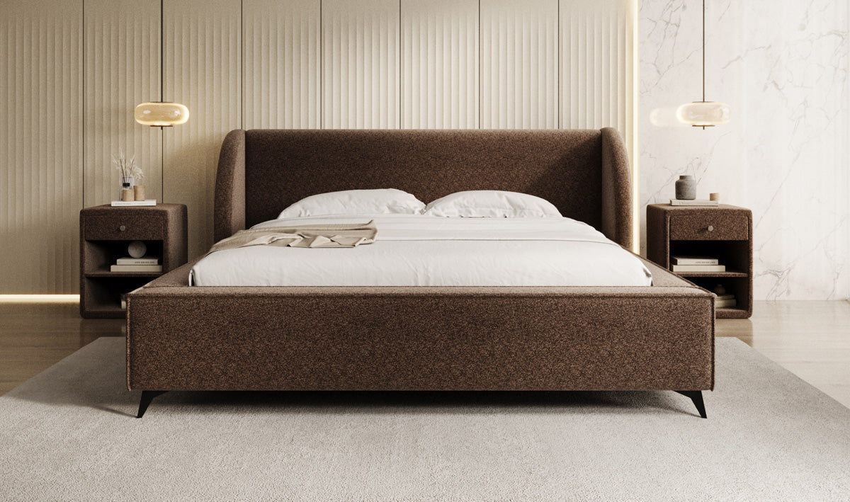 Designer gestoffeerd bed Freya in structuurstof met opbergruimte