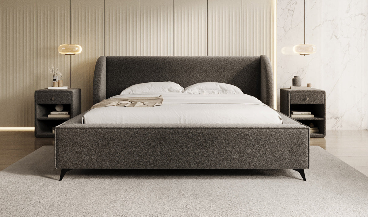 Designer gestoffeerd bed Freya in structuurstof met opbergruimte