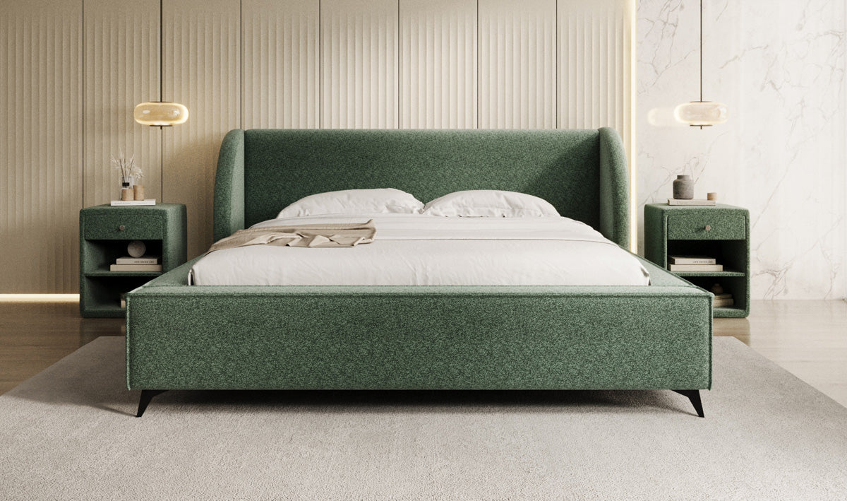 Designer gestoffeerd bed Freya in structuurstof met opbergruimte