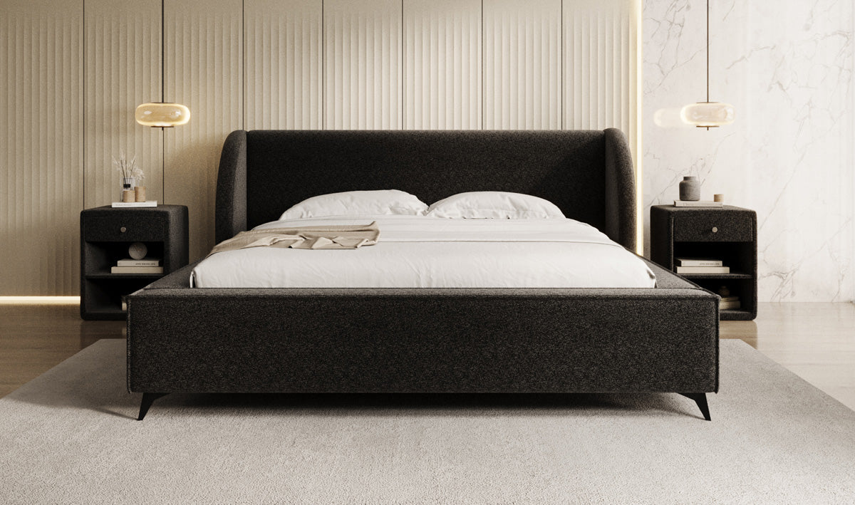 Designer gestoffeerd bed Freya in structuurstof met opbergruimte