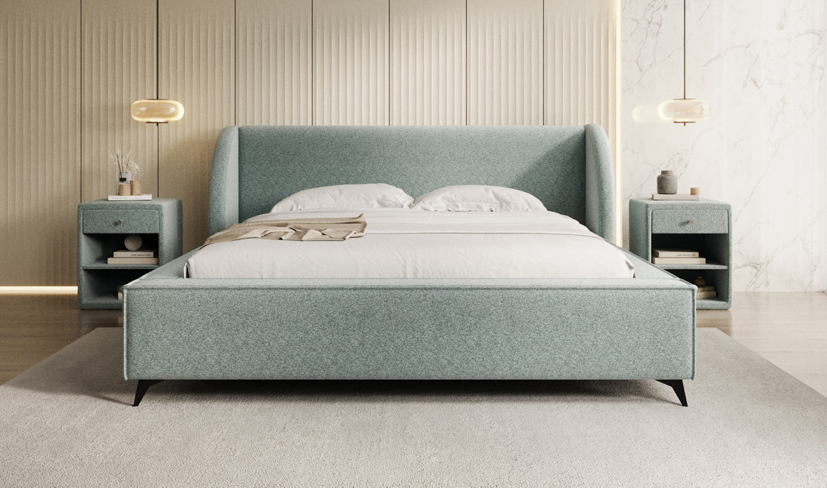 Designer gestoffeerd bed Freya in structuurstof met opbergruimte