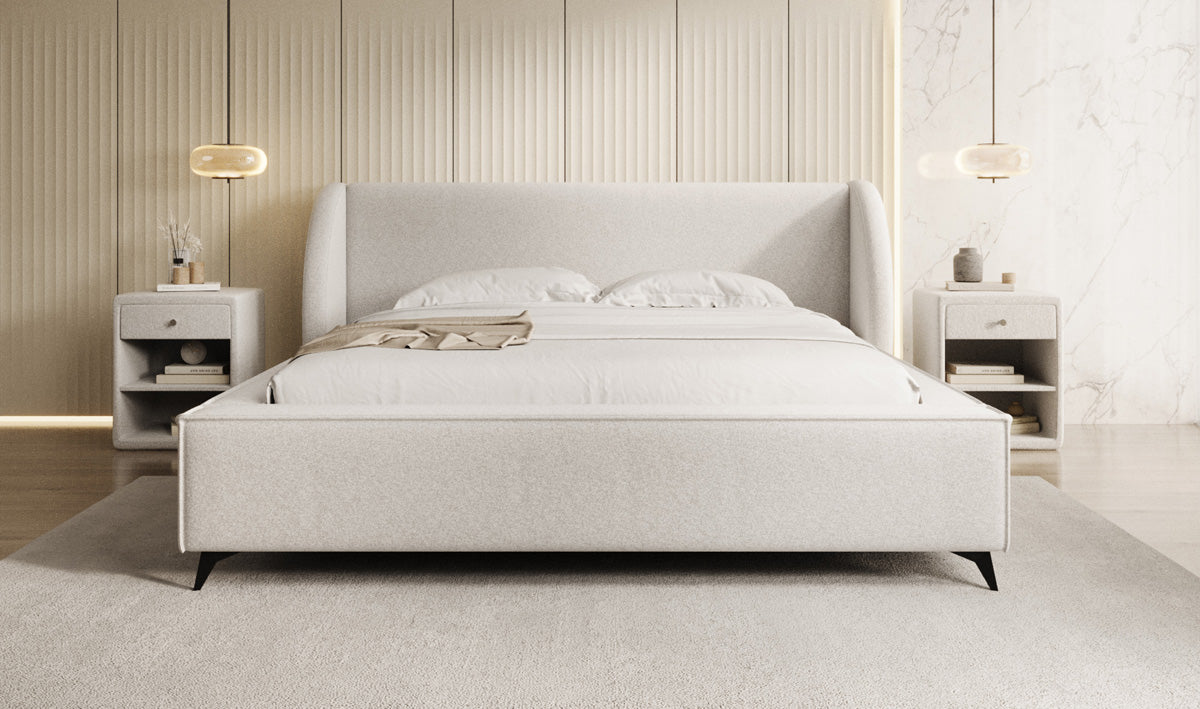 Designer gestoffeerd bed Freya in structuurstof met opbergruimte